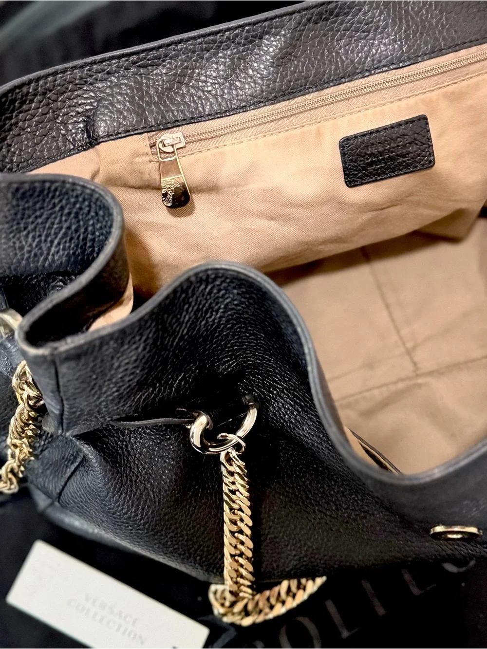 Versace Collection Black Leather Shoulder Bag with Gold Chain Accents